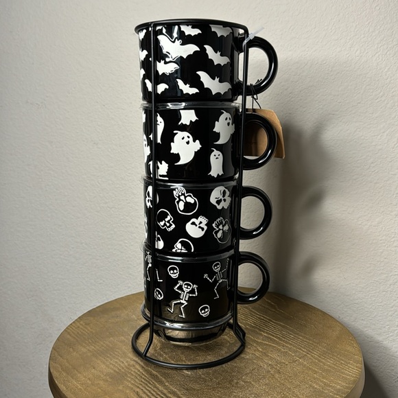Mug stack and wire holder, Halloween black/orange/white, set of four NWT - Picture 4 of 8